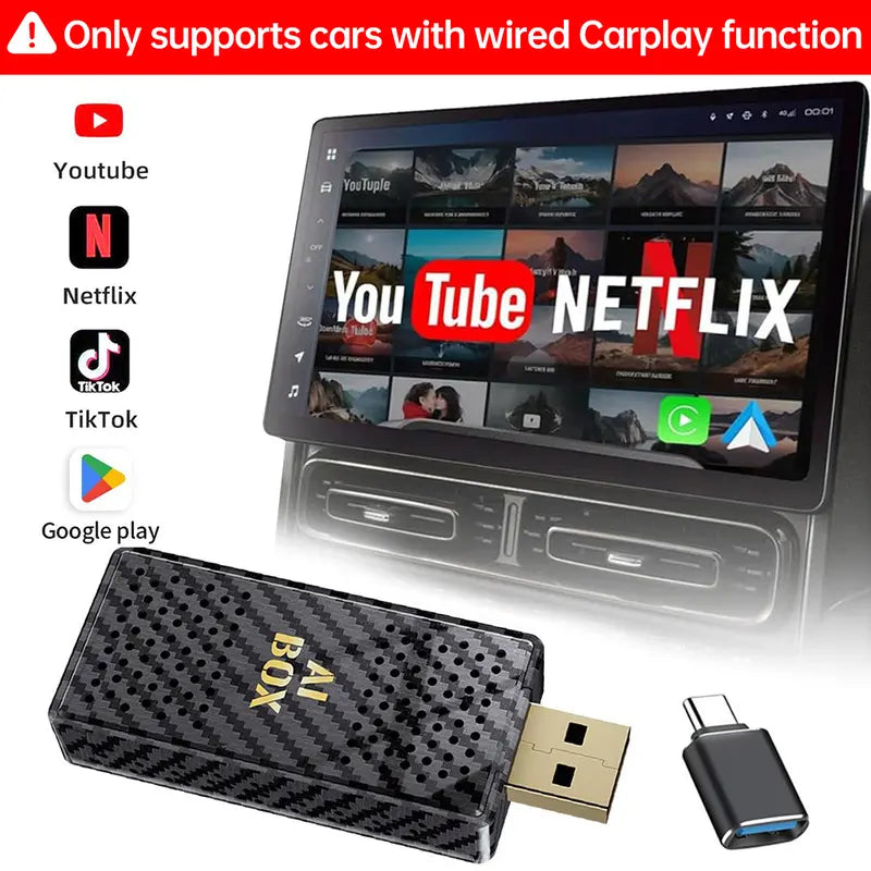 Turn Your Car Into a Smart Cinema – Mini AI Box with Wireless CarPlay & Android Auto + Netflix, YouTube & TikTok